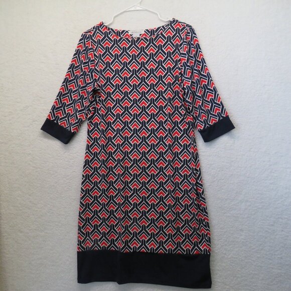 Liz Claiborne Dress Womens Medium Red White Blue Geometric 3/4 Sleeve - Picture 1 of 9